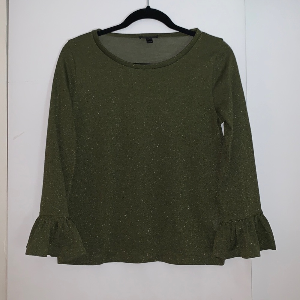 J. Crew green sparkle top with bell sleeves